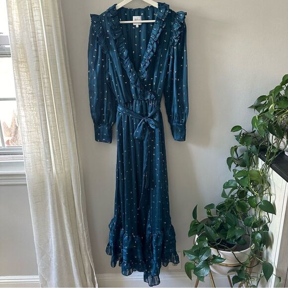 Misa Los Angeles Blue Ruffle Maxi Faux Wrap Long Sleeve V Neck Semi Sheer Dress - Picture 2 of 8